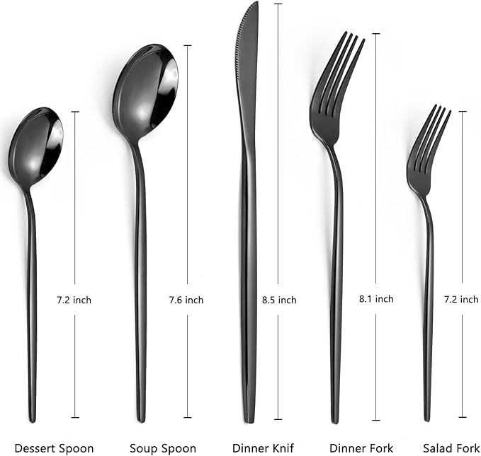Black Silverware Set, KassKa 40 Pieces Flatware Cutlery Set, Stainless Steel Utensils Set Spoon Fork Knives Set for Home Restaurant and Kitchen, Mirror Polished Finished, Service for 8