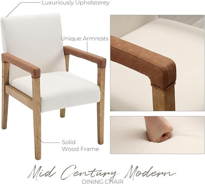 Mid Century Modern Dining Chairs Set of 6 Linen Fabric Upholstered Living Room Side Chair, Kitchen Arm Chair with Solid Wood Legs for Home Kitchen & Restaurant, Linen White