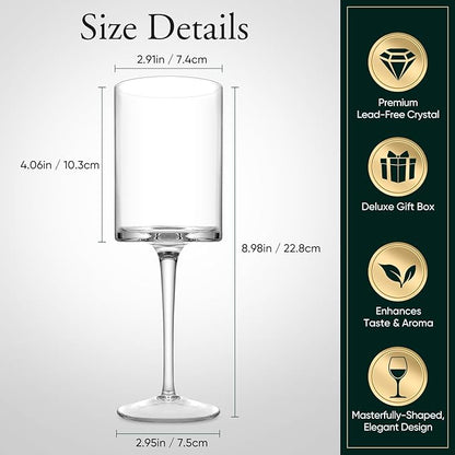 Premium Crystal Wine Glasses - Hand Blown, Thin Rim, Long Stem, Square Unique Design - Set of 4, 15oz - Perfect for Men or Women, Wedding, Anniversary, Christmas, Birthday Gift