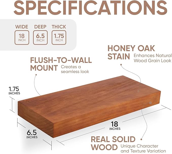 Homeforia 18 inch Floating Shelf Oak, High End Solid Real Wood 18inch Long Floating Shelves for Wall Mounted, Honey Oak Wooden 18in Floating Shelves, Heavy Duty Bracket, 18 X 6.5 X 1.75 inch, Set of 2