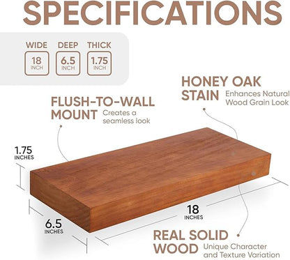 Homeforia 18 inch Floating Shelf Oak, High End Solid Real Wood 18inch Long Floating Shelves for Wall Mounted, Honey Oak Wooden 18in Floating Shelves, Heavy Duty Bracket, 18 X 6.5 X 1.75 inch, Set of 3