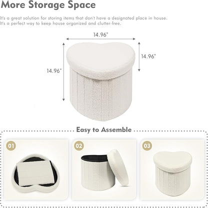 B FSOBEIIALEO Storage Ottoman Cube, Heart Shaped Ottomans with Storage Foot Stool Footrest for Lving Room, Boucle Ottoman Seat for Dorm Room,Faux Teddy Fur, Cream White 15"x15"x15"