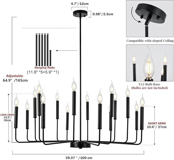 Modern Black Farmhouse Chandeliers, 16-Light Industrial Metal Chandelier Lighting, Classic Candle Hanging Pendant Light Fixtures for Kitchen Island, Living Room, Dining Room, Stair
