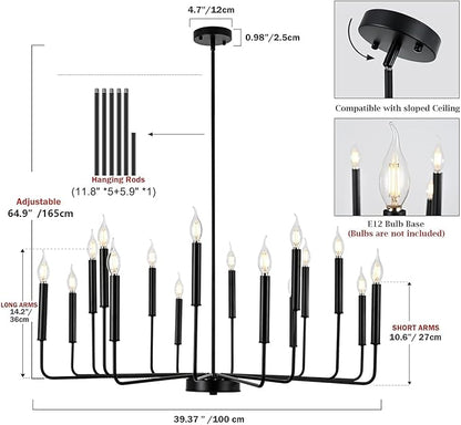 Modern Black Farmhouse Chandeliers, 16-Light Industrial Metal Chandelier Lighting, Classic Candle Hanging Pendant Light Fixtures for Kitchen Island, Living Room, Dining Room, Stair