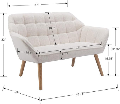 48" Small Loveseat Sofa, Modern Sherpa Mini Sofa Couch 2-Seater Fluffy Love Seat with Quilting Backs and Wood Legs for Living Room, Bedroom and Small Space, White