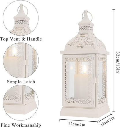 TRIROCKS Rustic Style Metal Candle Lantern 13'' High Decorative Outdoor Lantern Candle Holder with Tempered Glass for Thanksgiving Christmas Living Room Garden Patio Parties Indoors Outdoors (Cream)