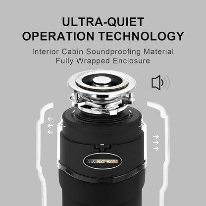Garbage Disposal 3/4 HP Ultra Quiet powerful grinding Kitchen Food Waste Disposer with Power Cord Easy install, AC Motor Unit Continuous Feed Stainless Steel Grind 0.75 Horsepower (MAX-5)