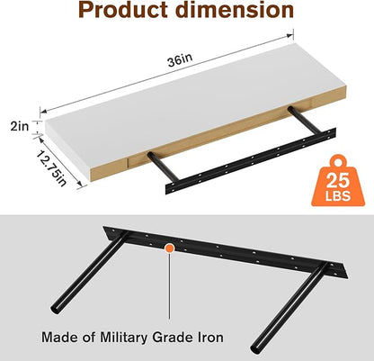 Large Floating Shelves for Wall Set of 3 Wooden Wall Shelves 36 in x 12.75 in x 2 in Room Decor Long Shelf with Invisible Wall Mount Bracket for Bedroom Kitchen Living Room White