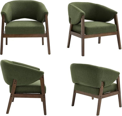 Mid-Century Modern Accent Chair, Comfy Barrel Armchair with Wide Seat, Upholstered Lounge Chair with Walnut Wood Legs for Living Room/Bedroom/Reading Corner, Linen Fabric, Deep Green, 1PC