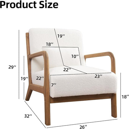 INZOY Mid Century Modern Accent Chair with Lamb Wool Fabric, Upholstered Living Room Chairs with Waist Cushion, Reading Armchair for Bedroom Sunroom, White