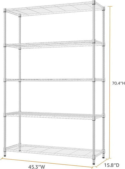 MZG 1750 lbs 5 Tier Storage Rack Metal Wire Shelving Unit, Storage Standing Household Shelf Organizer for Kitchen Pantry Closet Garage Basement Utility Room, Chrome 15.8" D x 45.3" W x 70.4" H