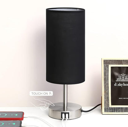 Bedside Lamp with USB Port - Touch Control Table Lamp for Bedroom Wood 3 Way Dimmable Nightstand Lamp with Round Black Shade for Living Room, Dorm, Home Office (LED Bulb Included) (Blacl2)