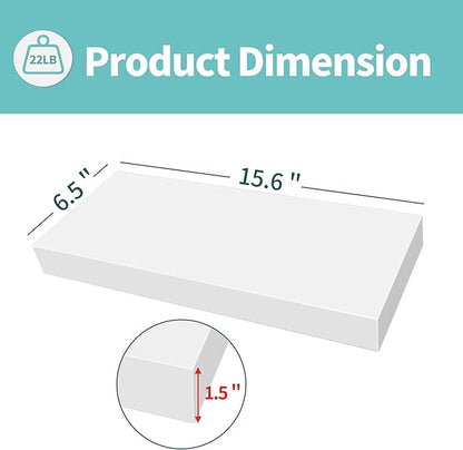 LaVie Home Floating Shelves, 15.6 Inch Wall Shelf Set of 3, Hanging Shelf with Invisible Brackets, Wall Decor for Bathroom, Bedroom, Living Room, Kitchen Storage, Modern White