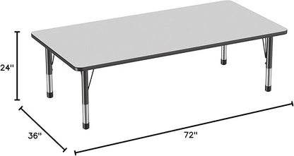 FDP Rectangle Activity School and Classroom Kids Table (36 x 72 inch), Toddler Legs, Adjustable Height 15-24 inches - Gray Top and Black Edge
