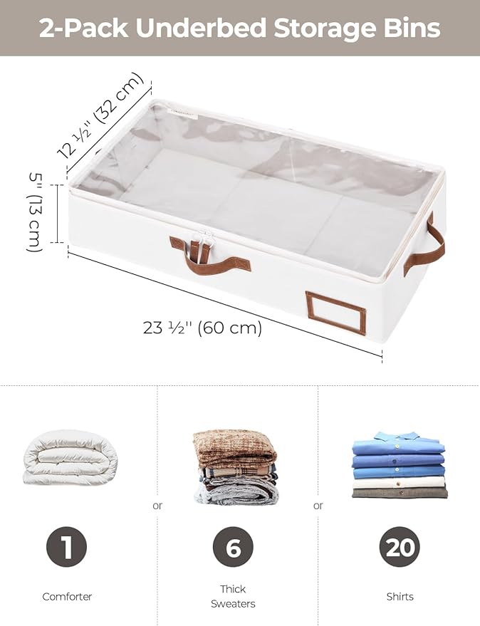 StorageWorks Under Bed Storage Containers with Handles and Label Holder, 2 Pack Ultra-thick Fabric Underbed Bins, Closet Organizer for Clothes, Blankets, Sweater