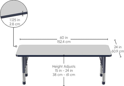 Factory Direct Partners FDP Rectangle Activity School and Classroom Kids Table (24 x 60 inch), Chunky Toddler Legs, Adjustable Height 15-24 inches - Gray Top and Navy Edge