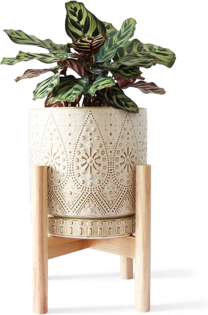 8 Inch Plant Pot with Stand, Ceramic Planter with Drainage Holes, Saucers and Mesh Pads for Indoor-Outdoor Plants