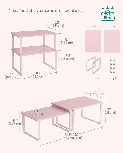 SONGMICS Cabinet Organizer Shelf, Set of 2 Kitchen Counter Shelves, Kitchen Storage, Spice Rack, Stackable, Expandable, Metal and Engineered Wood, Jelly Pink UKCS020S01