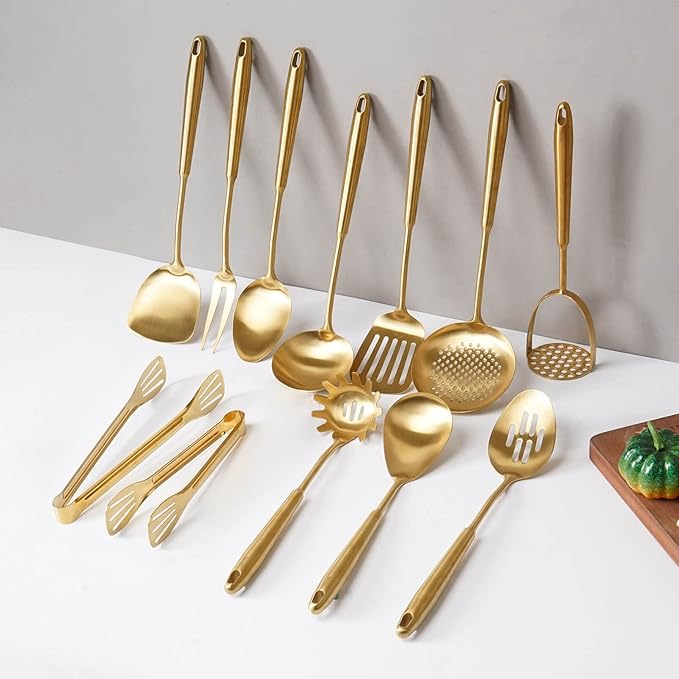 Gold Kitchen Utensils Set, 12 PCS Brass Matte Serving Utensils, 18/10 Stainless Steel All Metal Cooking Tools - Potato Masher, Tongs, Meat Fork, Spatula, Turner, Ladle, Skimmer, Spaghetti Spoon Set