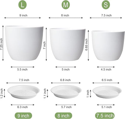 9/8/7.5 inch Flower Pots, Set of 3 Modern Decorative Plastic Planters with Drainage Holes and Saucers, Plant Pots for Indoor Outdoor Plants, White