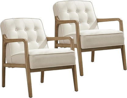 Linen Accent Chair Set of 2, Mid Century Modern Chair for Living Room, Upholstered Comfy Lounge Armchair with Solid Wood Frame, Reading Side Chair for Bedroom,105°Ergonomic Comfort, White