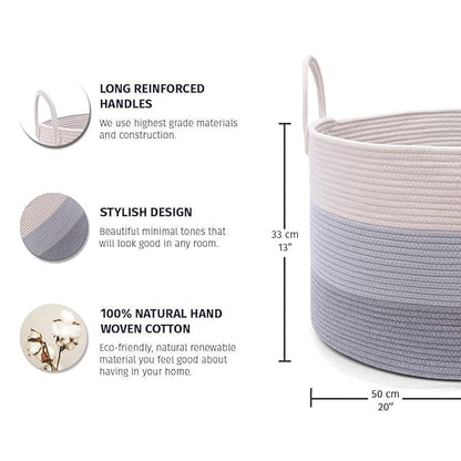 OrganiHaus Large Laundry Basket, Woven Cotton Rope Basket for Blankets, Toy Storage, Nursery Hamper, Living Room Decor Organizer, Soft & Durable Hamper with Handles, 20x13 inches - Gray