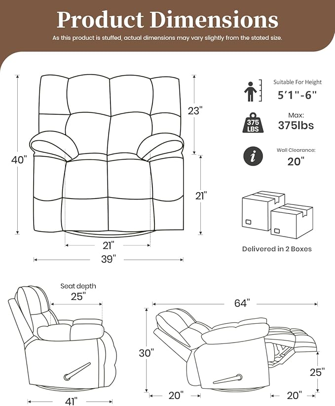 Oversized Recliner Chair Manual Swivel Rocker Recliner for Living Room Chenille Overstuffed Nursery Reclining Sofa Chair Rocking Recliners for Adults 400lbs (Manual, Beige)