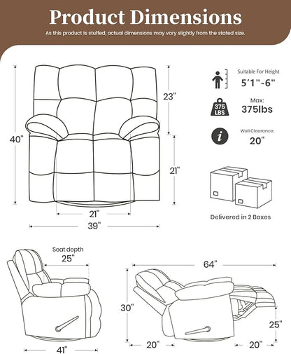 Oversized Recliner Chair Manual Swivel Rocker Recliner for Living Room Chenille Overstuffed Nursery Reclining Sofa Chair Rocking Recliners for Adults 400lbs (Manual, Beige)