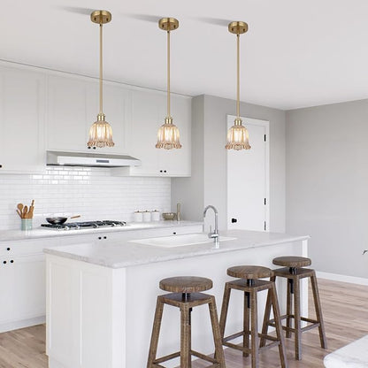 Modern Gold Pendant Light 3 Pack Brushed Brass Mid Century Chandelier Amber Glass Shades Adjustable Rods Farmhouse Ceiling Hanging Lighting Fixture Kitchen Island Dining Room Bedroom