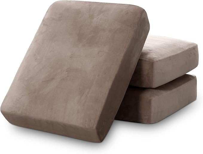 PrinceDeco Velvet Stretch Couch Cushion Cover Soft Cushion Slipcover for Chair Loveseat Sofa Furniture Protector Seat Cushion Sofa Cover (Each Width Up to 29.5", Taupe)