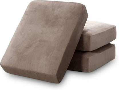 PrinceDeco Velvet Stretch Couch Cushion Cover Soft Cushion Slipcover for Chair Loveseat Sofa Furniture Protector Seat Cushion Sofa Cover (Each Width Up to 29.5", Taupe)