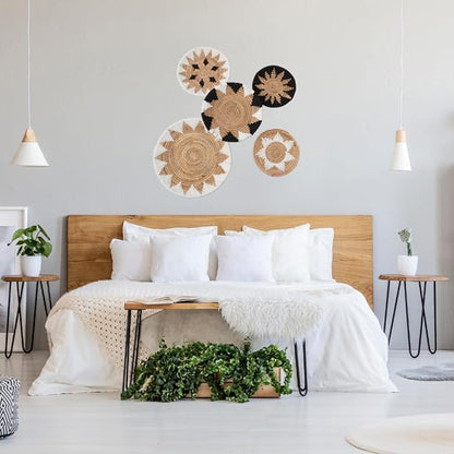 Tebie At Home Boho Wall Art - Boho Wall Baskets Decor - Handmade Set of 5 Woven Baskets With Seagrass - Flat Elegant Art for Farmhouse and Rattan Decor for Living Room, Bedroom and Office