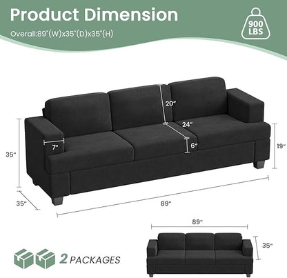 Sofa, 89" 3-Seater Deep Seat Sofa, Modern Comfy Couches for Living Room Apartment Lounge, Dark Grey Chenille