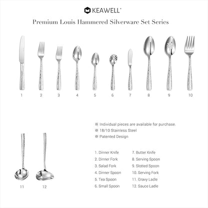 KEAWELL Premium 20/45/65 Piece Louis Hammered Silverware Set with Squared Edge, 18/10 Stainless Steel, Service for 4/8/12, Fine Flatware Set, Dishwasher Safe (65)