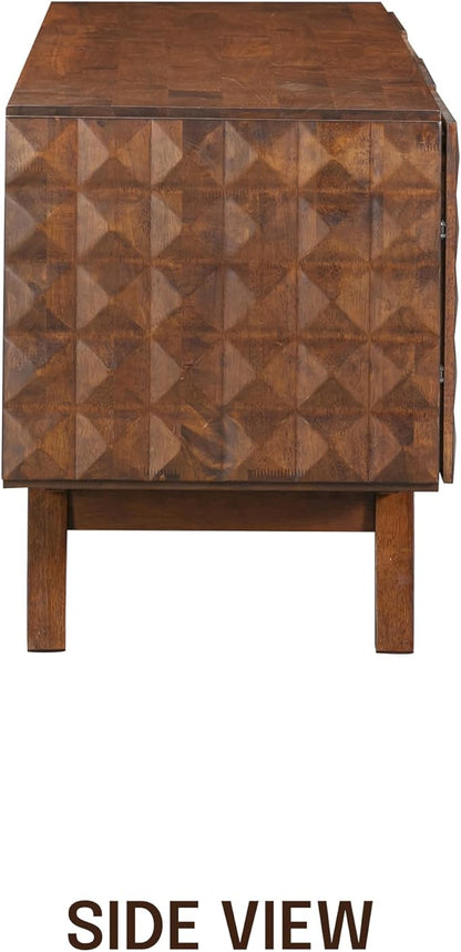 NTC Sapa Mid-Century Modern Solid Wood TV Stand 4-Door Media Console with Carved Geometric Fronts for TVs up to 75", Effortless Assembly, Dark Walnut