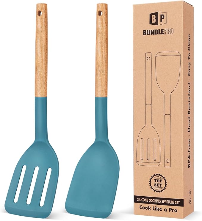 Pack of 2 Silicone Cooking Spatula, Heat Resistant Solid Turner, Non Stick Slotted Spatulas with Wooden Short Handle,Ideal Wood Kitchen Utensils Set for Frying, Baking, Flipping, Turning
