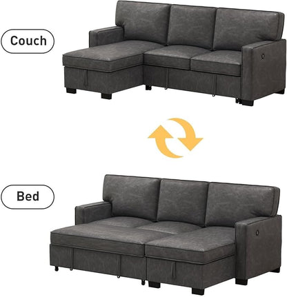 EBELLO Convertible Sleeper Sofa 3 in 1, Faux Leather Modern L-Shaped Couches for Living Room, Pull Out Sectional Futon Sofa Bed with Storage Space, USB Ports and Cup Holders for Bedroom