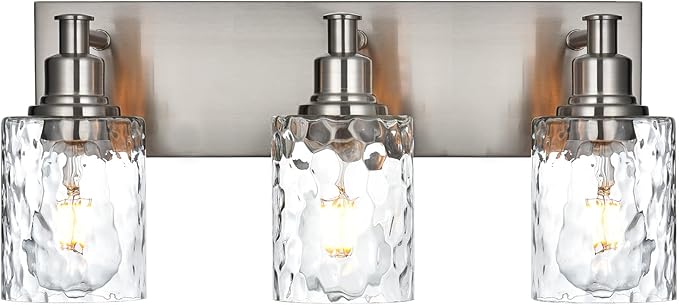 BONLICHT Bathroom Vanity Light Fixtures 3 Lights Modern Wall Sconce Brushed Nickel with Metal Base and Hammered Glass Shade, Industrial Farmhouse Bath Wall Lights for Hallway Kitchen Bedroom