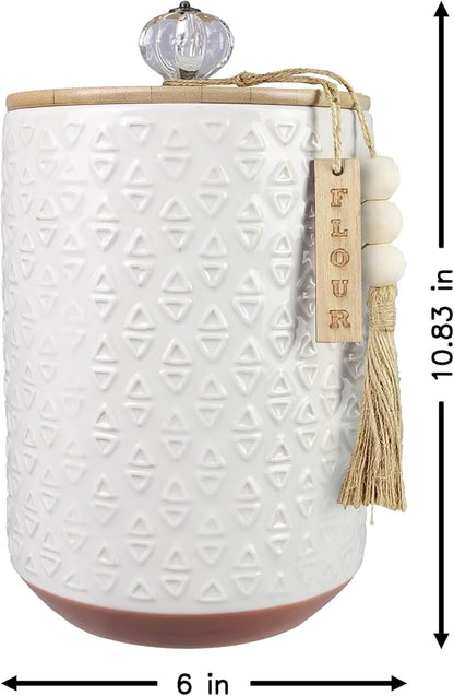 Youngs 21207 Ceramic Canister with Wood Lid and Silicon Seal, Crystal Knob and Blessing Bead Tassel Accent, 4-piece Set