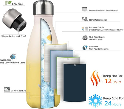 Insulated Water Bottles,12 oz Double Wall Stainless Steel Vacumm Metal Flask for Sports Travel,Lemon