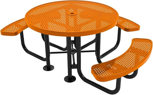Heavy-Duty Portable ADA-Compliant Outdoor Picnic Table with Umbrella Hole, Punched Steel Patio Dining Furniture Made in America (46" Round Top, Textured Orange)