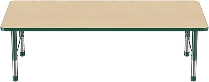 FDP Rectangle Activity School and Classroom Kids Table (36 x 72 inch), Toddler Legs, Adjustable Height 15-24 inches - Maple Top and Green Edge