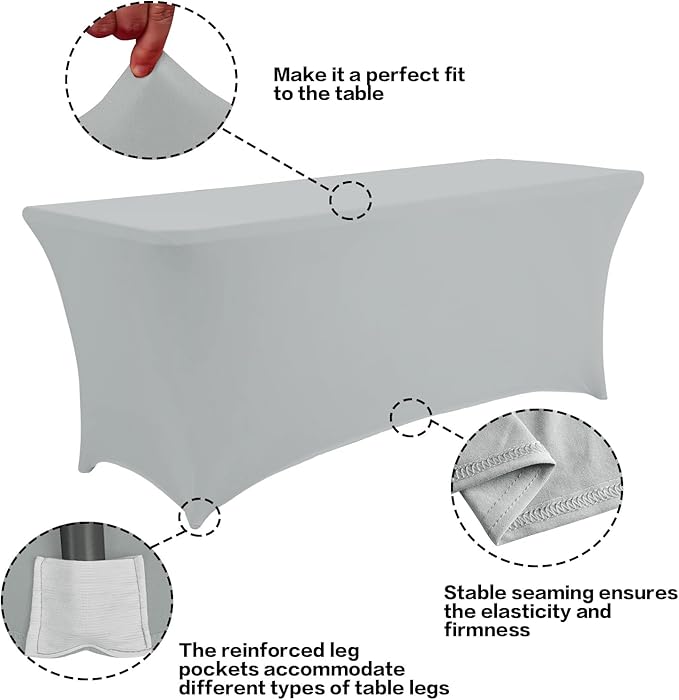 IVAPUPU 2 Pack 6FT Table Cloth for Rectangular Fitted Events Stretch Grey Table Covers Washable Cover Spandex Tablecloth Protector for Party, Wedding, Cocktail, Banquet, Festival