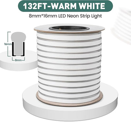 GZBtech Flexible LED Neon Rope Lights 132FT,AC 110-120V Waterproof Strip Light, 120 LEDs/M Cuttable Connectable Neon Lighting for Indoor Outdoor Home Decor/Commercial Building Use-Warm White 40M