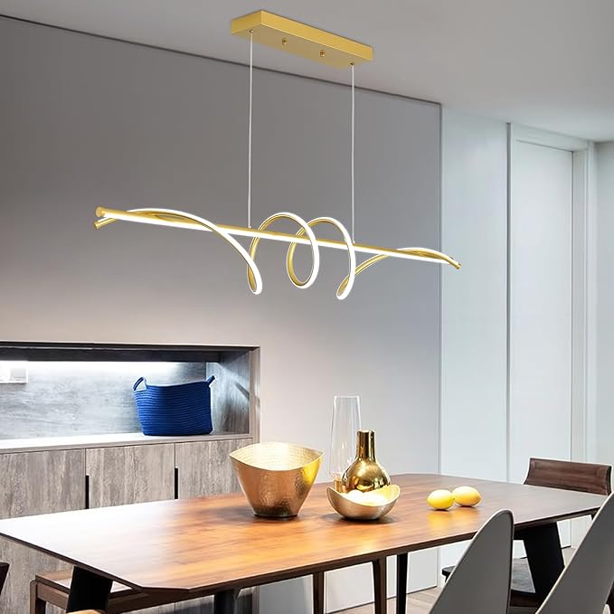 Modern Design Dimmable Desk Linear Pendant Light, with Remote Control Dimmable 3 Color Mode & Brightness Ceiling Lamp, Anti-Flicker Dining Light Fixture for Kitchen, Dining Room (Gold, 47IN)