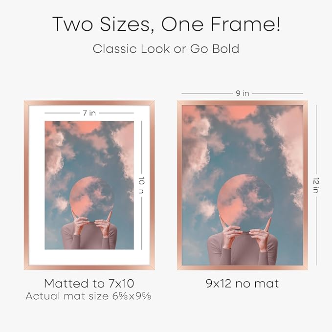 Homeforia 9x12 Rose Gold Frame, High End Metal 9 x 12 Picture Frames with Mat 7 by 10 inch Photo, 9by12 Poster Frame Matted to 7x10 Art, 12x9 Wall or Tabletop Frame, Tempered Glass, Wall Kit, Set of 1