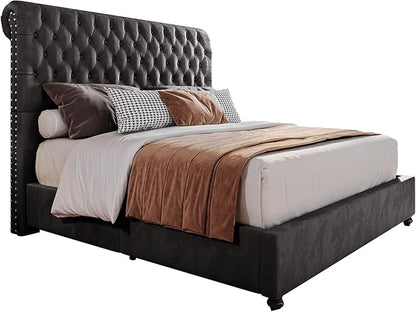 PaPaJet King Size Bed Frame and Headboard Upholstered Bed Frame King with 52.8” Tall Headboard/Dark Grey