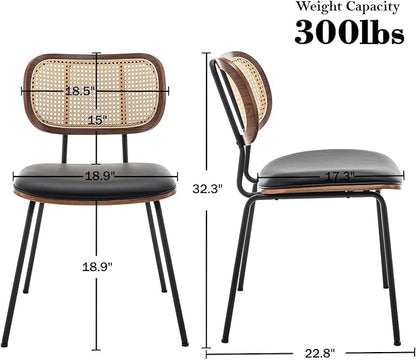 Rattan Dining Chairs Set of 4, Mid Century Modern Dining Chairs with Cane Back for Kitchen Dining Room, 19 Inch Faux Leather Black