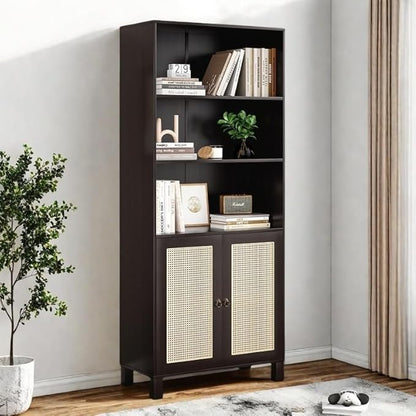 Tall Bookshelf, 5-Tier Book Shelf with 2 Rattan Doors, Freestanding Bookcase Display Shelves with Large Storage, Book Case for Living Room, Office, Study, Bedroom, 70.9 Inch