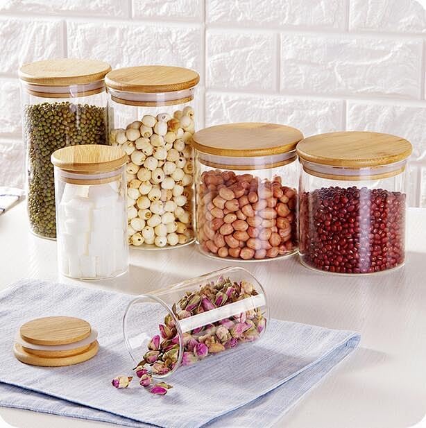 Glass Food Storage Jars, Glass Jars with Bamboo Lids, Kitchen Storage Jars, Canisters with Airtight Lids for Spice, Coffee, Cookie, Set of 5, Pantry Organizers
